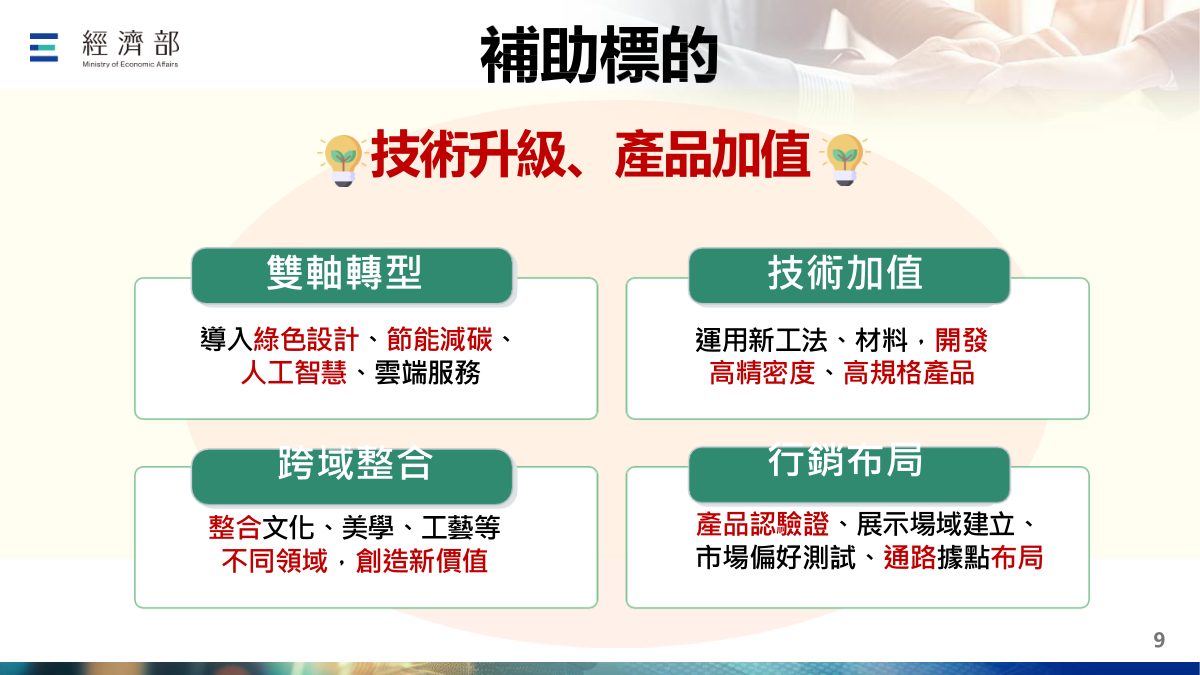 簡報:研發轉型補助標的為技術升級、產品加值,分雙軸轉型、技術加值、跨域整合、行銷布局四大類